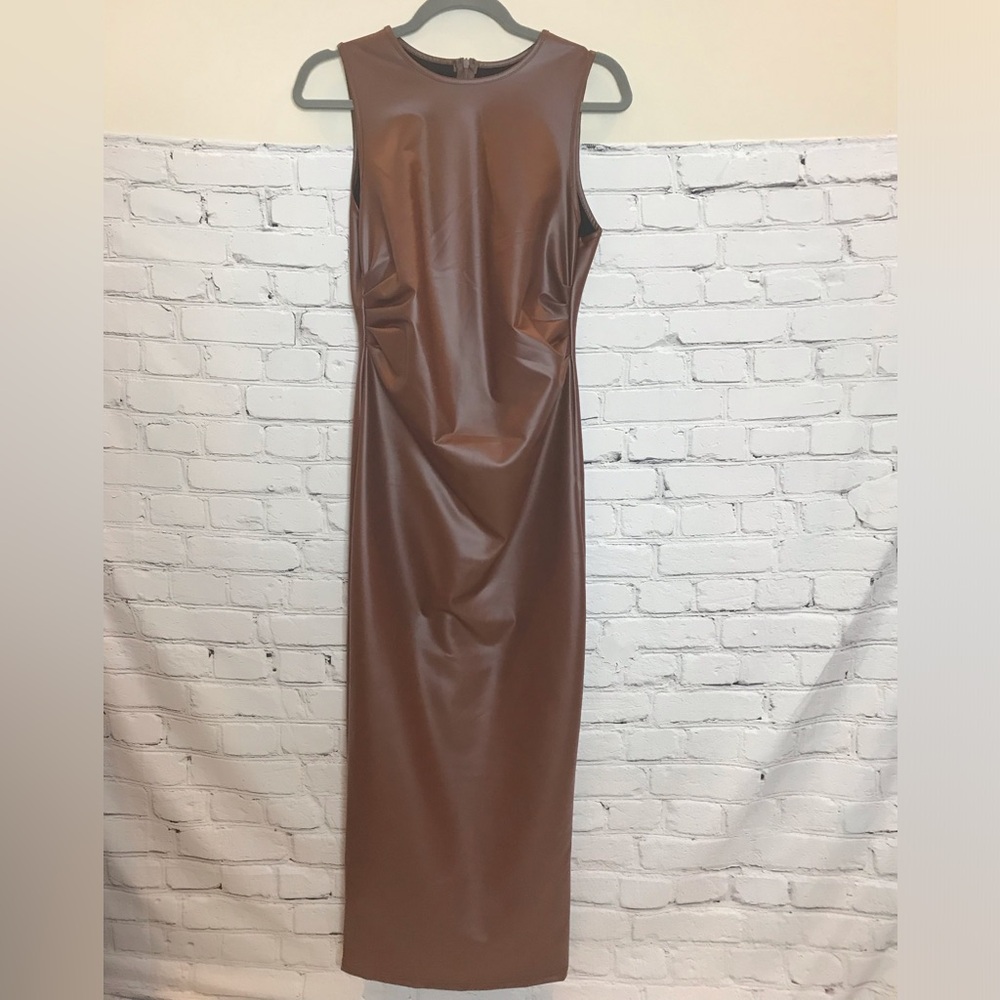 Brown Ruched Faux Leather Maxi Dress size Small